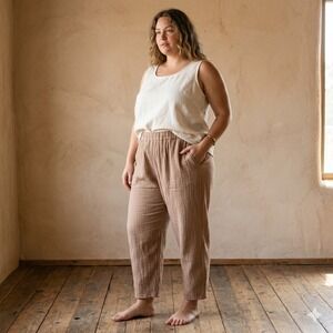Soluna Collective Womens Pants 2X Brown‎ Elastic Waist Gauze Organic Cotton Boho